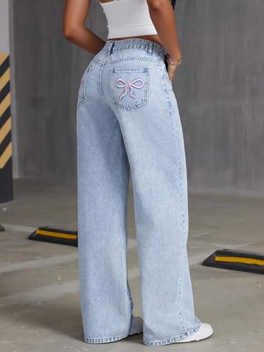 Bow Embroidered Jeans for Women High Waist Straight Wide Leg Denim Pants 2025 Basic Loose Cute Bowknot Baggy Jeans4