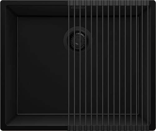PRIMAGRAN Evier Sous Plan Tout Noir 56x47cm, Evier en Granit 1 bac + Kit de Vidage + Égouttoir Enroulable, Évier al mueble 60cm - London S349