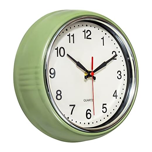 Foxtop Retro Wall Clock 9.5 Inch Green Kitchen 50's Vintage Design Round Silent Non Ticking Decorative Battery Operated Quartz Metal Clock for Classroom Office Home