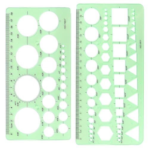 CoguZed Conjunto de 2 peças de molde de círculo verde transparente para desenho e desenho – estênceis geométricos e réguas para escritório, escola, arquitetura e design com bolsa com zíper