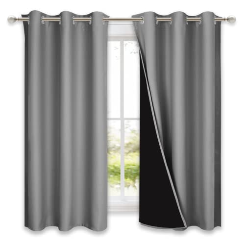 Image of NICETOWN 100% Blackout Curtains with Black Liners, Solid Thermal Insulated Full Blackout 2-Layer Lined Drapes, Energy Efficiency Window Draperies for Bedroom (2 Panels, 42 inch W by 63 inch L, Silver Grey)