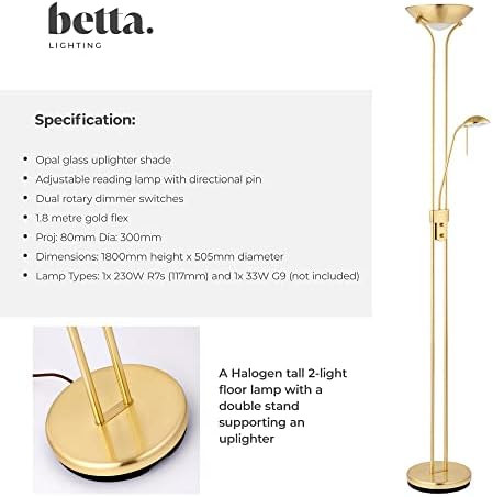 Betta Lighting Mother and Child Uplighter Floor Lamp with Reading Light  Satin Brass with Adjustable Reading lamp - Standing Uplighter for Living Room, Bedroom, Dining Room  G9 33W and R7s 230W