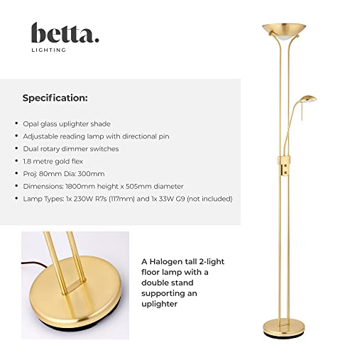 Betta Lighting Mother and Child Uplighter Floor Lamp with Reading Light – Satin Brass with Adjustable Reading lamp - Standing Uplighter for Living Room, Bedroom, Dining Room – G9 33W and R7s 230W - Image 5