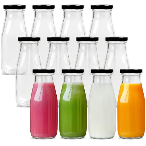 Belle Vous Frascos de Vidrio con Tapa Reutilizables para Leche de Metal (Pack de 12) 300 ml - Botes de Cristal con Tapa Set Estilo Vintage – Fiestas Retro para Batido de Fruta, BBQ, Bodas y Fiestas
