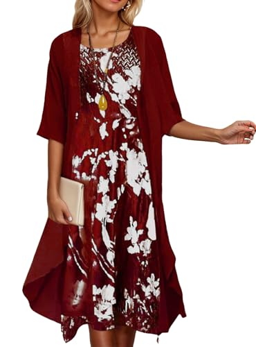 Women's Flowy 2 Piece Sets Boho Floral Print Midi Dress with Chiffon Cardigan Casual Wedding Guest Dresses