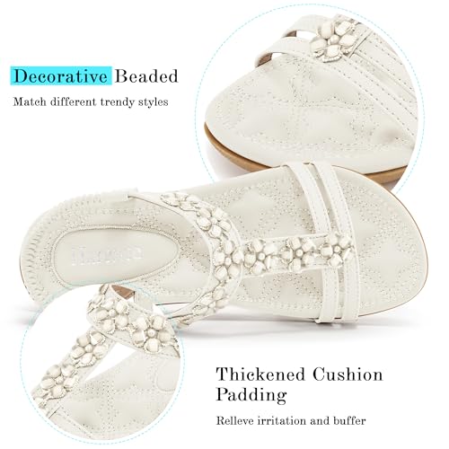 Image of HARENCE Summer Flat Sandals for Women: Comfortable Bohemian Beaded Flats Shoes Elastic Ankle Strap Casual Walking Slip On Dress Sandal