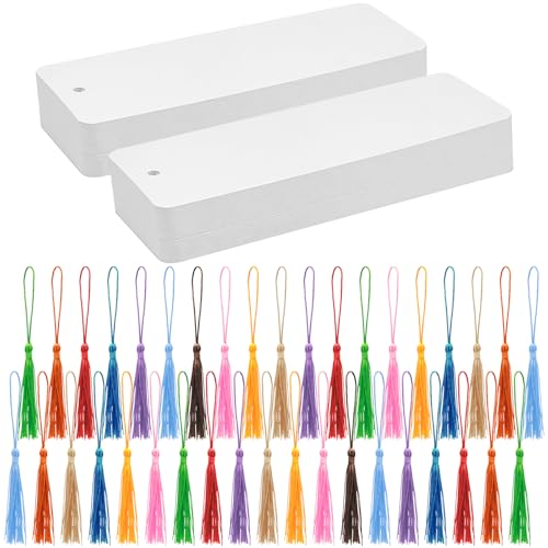DSYIL 100 Set Blank Bookmarks with Colorful Tassels, White Cardstock Bookmarks Bulk, Craft Paper Book Marks for DIY Projects and Gifts Tags, 5.5 x 2 Inch
