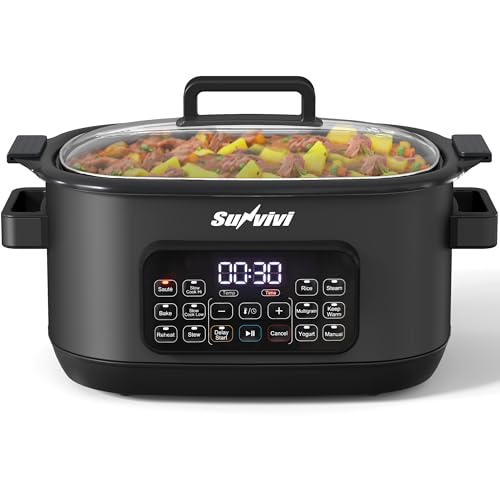 Image of Sunvivi 12-in-1 Multi Cooker, 6.5QT Programmable Slow Cooker with Timer & Temp Control, Auto Warm Setting, Delay Start, Dishwasher Safe Lid & Removable Nonstick Crock, Stainless Steel Rack, Black
