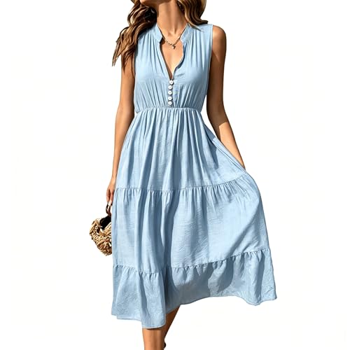Image of BROVAVE Womens 2026 Summer Sleeveless Shirt Dress Collar Striped V Neck Casual Midi Dresses