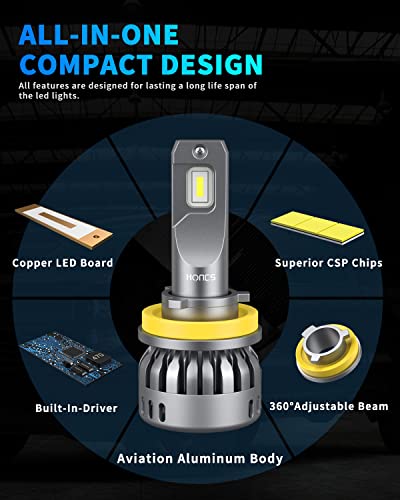 Honcs H11/H9/H8 Led Headlight Bulbs, 60W 14000 Lumens Led High Low Beam Bulbs, 400% Brighter 6500K Cool White Led Headlight Conversion Kit, Ip68 Waterproof, Pack Of 2 #TOP4