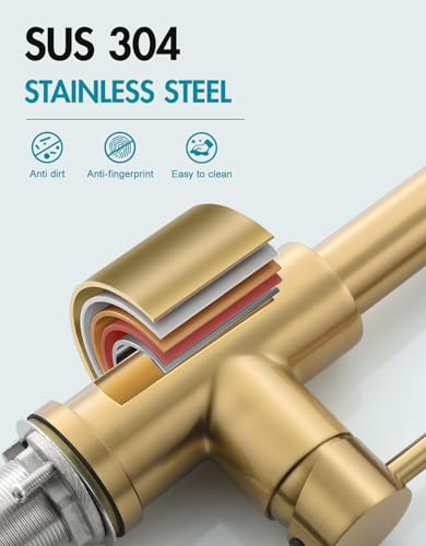 TIMACO 3 Wege Wasserhahn Küche Mit Ausziehbare Brause,3 wege Küchenarmatur-360° Drehbar,mit 3 in 1 Wasserhahn für Wasserfilter,Spiralfederarmatur Trinkwasserhahn mit Doppelhebel,Gebürstetes Gold