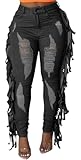 SeNight Women's High Waisted Ripped Jeans Cut Out Destroyed Frayed Tassels Distressed Black Denim Pants