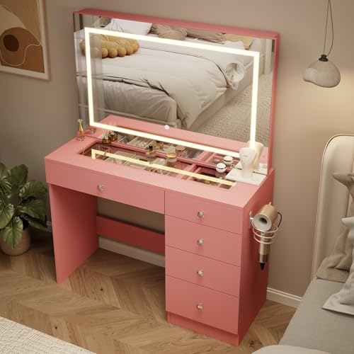 39" Vanity Desk with Mirror and Lights, 5 Drawers Makeup Vanity Desk with Tempered Glass top, 3 Lighting Modes Adjustable Brightness, Pink Vanity with Magnetic 5X Magnifier for Bedroom