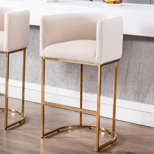 Image of HNY Modern Bar Height Linen Fabric Upholstered Counter Stool, 32Inch Cream Barstool with Gold Metal Frame