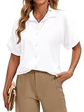 Womens Silk Satin Button Up Office Short Sleeve Shirts V Neck Casual White Blouses 2025 Fashion Stylish Short Sleeve Tops for Summer Satin Shirts for Quick-Dry Relaxed Fit Spring Hiking White XL