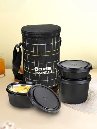 Image of CLASSIC ESSENTIALS Lunch Box, Microwave Safe & Leak Proof, 3 Inside Steel Containers with BPA Free Lids (250ml, 400ml & 600ml), Insulated Fabric Bag (Black)