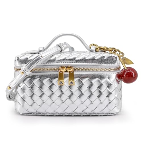 Image of Small Woven Box Crossbody Bags for Women Designer Leather Mini Top Handle Clutch Purse Square Vanity Bag with Cherry Charm