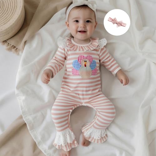 Baby Girl Thanksgiving Clothes Long Sleeve Ruffled Rugby/Turkey Embroidery Striped Jumpsuit with Headband Set 2Pcs4