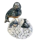 Storm's Gartenzaubereien Maritime Deko Seehund ? Keramik Robbe in Blau Grau mit 2 Robbenbabys ? Tierfigur für Garten, Teichdeko - Badezimmer ? mit Zierkiesel 7-20mm Grau