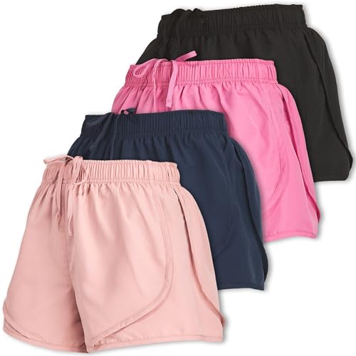 Opiniones de Ropa de Atletismo los más recomendados. 45 Ultra Performance - Pantalones cortos de correr para mujer, paquete de 4 pantalones cortos de entrenamiento atlético, para gimnasio, con forro corto, Negro, rubor, azul marino,...