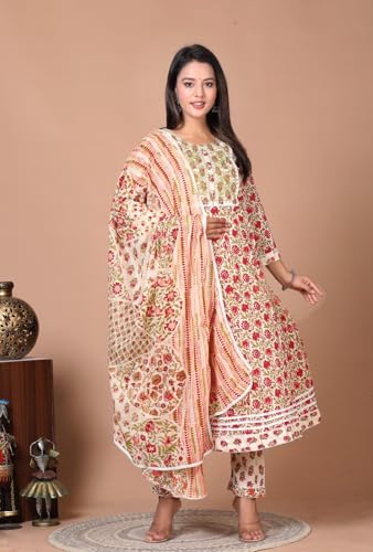 Image of Queens World Women's Anarkali Pure Cotton Floral Printed Kurta Pant Set With Dupatta (M To 2XL- Size)