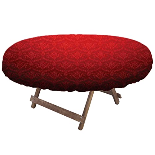 Esfvrg Dark Red Oval Elastic Fitted Tablecloth, Antique Floral Pattern With Gradient Effect, For Kitchen Dinning Tabletop Decoration Outdoor Picnic, Fits 48" X 68" Table, Red Black #TOP1