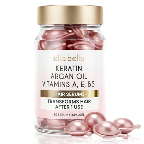 ELLA BELLA® Keratin Hair Serum with Argan Oil & Vitamins A, E, B5 – Anti-Frizz Hair Treatment & Night Repair – Hair Vitamins for Women for Smooth, Shiny, Frizz-Free Hair