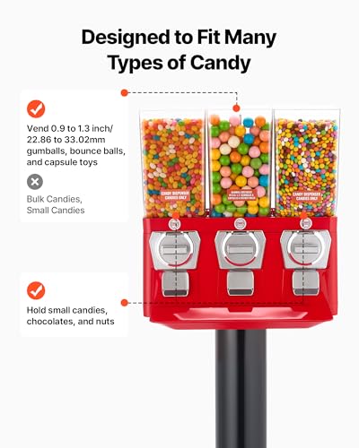 Image of VEVOR Candy Vending Machine, Triple Compartment Candy Vending Machine with Stand, Gumball & Candies Vendings Machines with Built-in Cash Box, Detachable, Vintage Candies Dispenser for Shops, Arcades