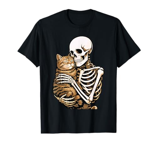 Skeleton Hugging Domestic Shorthair Cat Halloween Cat Lover T-Shirt