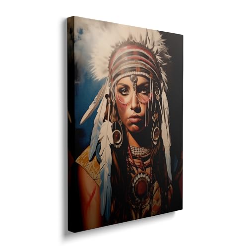 Framed Native American Indian Women Girl Canvas Wall Art Americana Indigenous Tribal Woman Decor Poster For Living Room Bedroom Home Office Artwork Gift Ready To Hang (12x16 Inches)