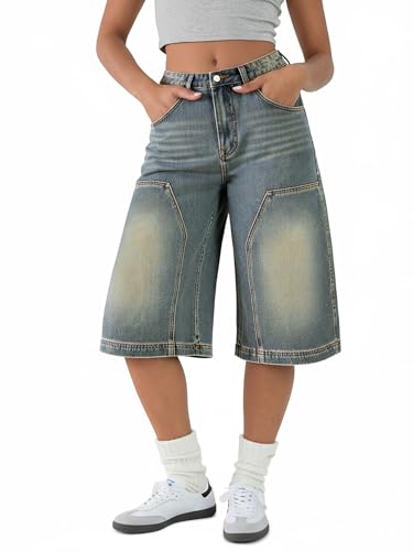 EMMIOL Y2K Grunge Baggy Jean Shorts for Women Vintage Loose Denim Street Jorts Wide Leg Denim Shorts Blue Petite Jeans