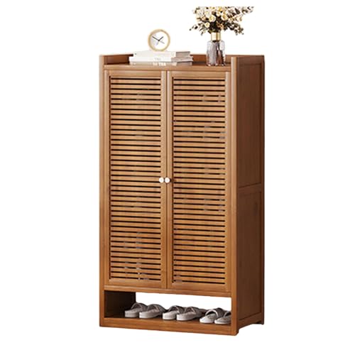 Zapatero de bambú con puertas con persianas, moderno y independiente, para armario, pasillo, dormitorio, entrada, 59 x 32 x 110 cm