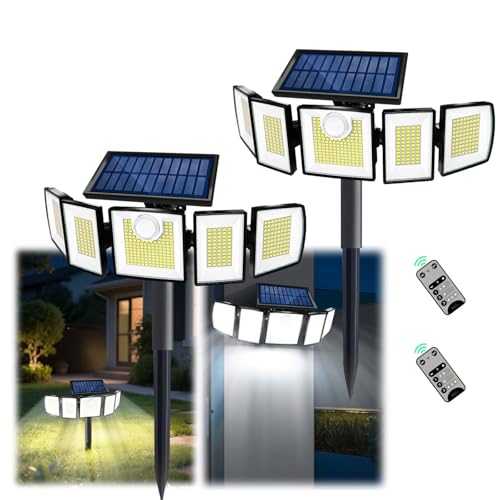 Image of MDCMDCM Solar Lights Outdoor Waterproof Motion Sensor - 416 LEDs 3000 Lumens Super Bright 3 Brightness 3 Modes 360 Illumination 32ft Solar Flood Security Light for Outside (with Stakes, 2)