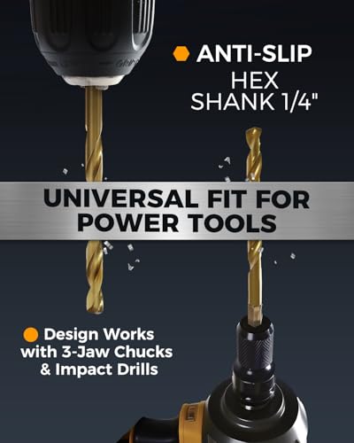 Image of COMOWARE Titanium Impact Drill Bit Set - 30 Pcs Hex Shank HSS, Quick Change Design, 1 /16 inch-1 /2 inch | Titanium Coating, 2 Flutes,for Metal Wood Plastic Countersink, for Home DIY,Building, Engineering,with Storage Case