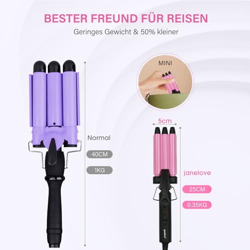 Mini Welleneisen für kurze haare - janelove 13mm Beach waves Lockenstab für kurze haare, 200°C Keramik Lockenstab 3 Fässer Welleneisen für Reisen - Rosa