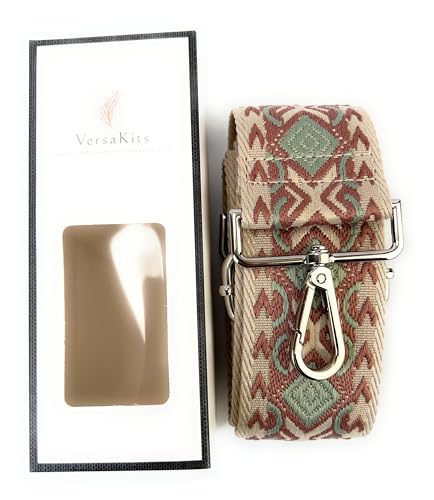 Image of Ivory Sage Green Boho Diamond Purse Strap with Silver Hardware 2 Inch Wide Replacement Crossbody Guitar Style Shoulder Strap for Handbags Totes