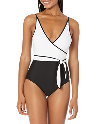 Tommy Hilfiger Women's Classic V-Neck One Piece Swimsuit, Black/White Halter, 12