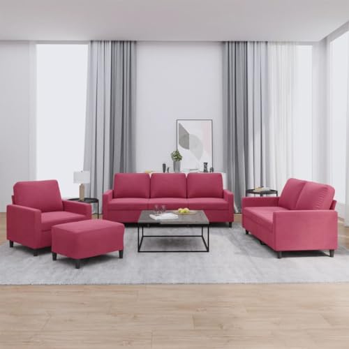 GeenYuu Juego de 4 piezas de sofá con cojín, terciopelo rojo vino, estructura de metal resistente, acolchado cómodo, juego de muebles de salón, taburete versátil para relajarse