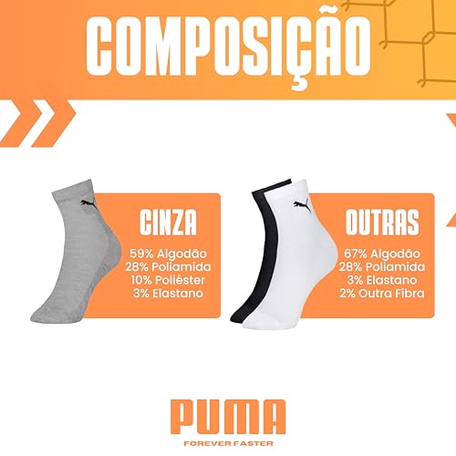 Kit 06 Pares De Meias Cano Médio Adulto Puma, 1 Branco - 1 Cinza - 4 Preto, 39-43