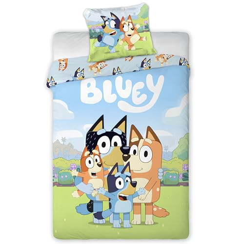 BrandMac Bluey & Family - Juego de ropa de cama para niños pequeños, funda de edredón de 100 x 135 cm con funda de almohada de 40 x 60 cm, juego de ropa de cama oficial Bluey | Diseño colorido de