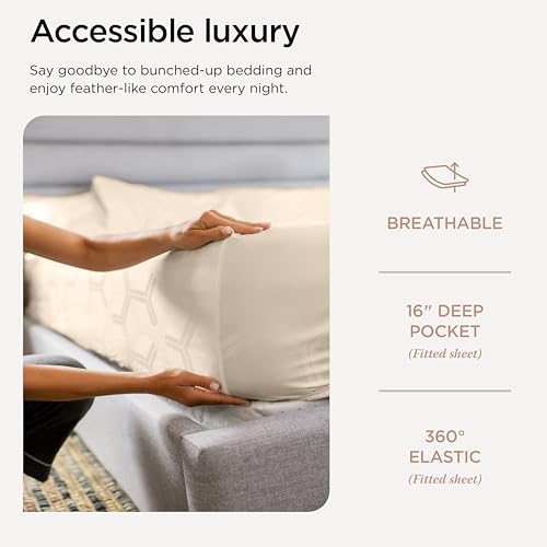 Image of Threadmill 100% Cotton Sheets for Full Size Bed - 600 Thread Count Full Bed Sheets Set with 16 inch Deep Pocket - Jacquard Sateen Weave 4-Piece Bedding Set with Cooling Effect, Beige