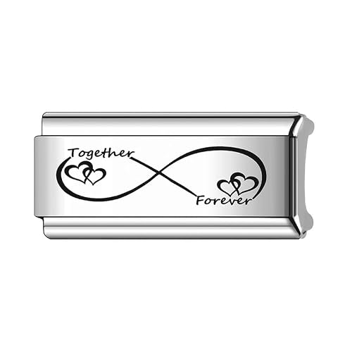 Image of Mon & Sons Together Forever Love Heart Infinity Eternity Superlink Long Double Size Width 9mm Stainless Steel Silver Italian Link Charm Compatible With 9mm Link Bracelet