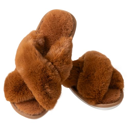 Image of Enteer Women's Slipper Memory Foam Cross Band Fuzzy Slippers Open Toe Cozy House Slippers Cozy Plush Bedroom Indoor Outdoor