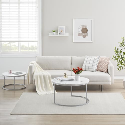 hitsuki Runder Couchtisch 2er Set Weiß Marmor, Silber Metallgestell 80+60cm – Ansicht 4