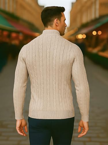 Image of TYSORT Men High Neck Zipper Full Sleeve Cable Knitted Winter Sweater,Cable Knit Sweater for Men