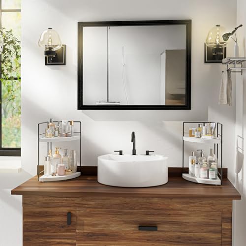 Image of 2-Tier Bathroom Corner Organizer Shelf, Wood & Metal Countertop Storage Rack, 2-Pack