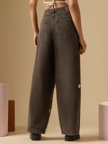 Image of The Souled Store: Barrel-Fit Denim: Women and Girls Washed Cotton Twill Barrel Fit Lightweight Adjustable Rise Everyday Casual Denim Jeans