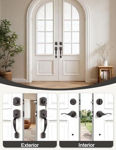 Image of Tinewa Oil Rubbed Bronze Double Front Door Handleset with Deadbolt - Upgraded Entry Door Handle Featuring Accent Wave Lever, Keyed & Dummy Exterior Handleset Combination