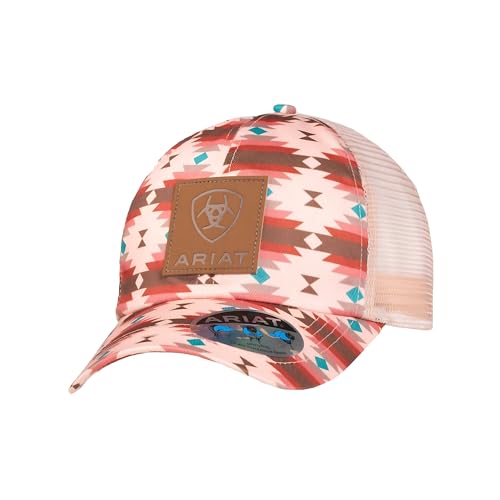 ARIAT Youth Girls Southwestern Print Leather Patch Ponytail Cap, Pink, One Size