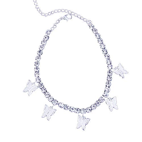 Rhinestone Butterfly Tennis Anklet Crystal Armlet, Rhinestone Bridal Wedding Jewelry, Rhinestone Body Chain Jewelry,Crystal Butterfly Pendant Anklet Beach Foot Chain Bracelet (Silver+Silver pendant)